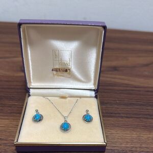 Vintage B David Turquoise and Silver Jewelry Set. Necklace & Post Earrings.